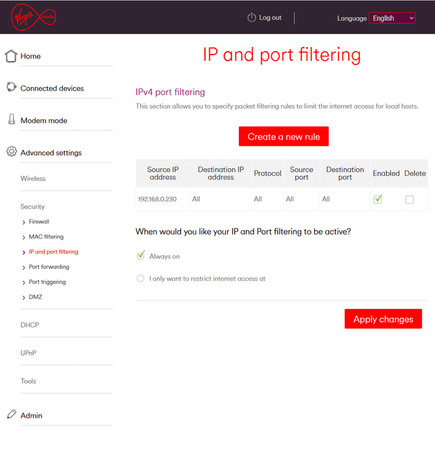 Virgin Hub 3 IPv4 IP Filtering